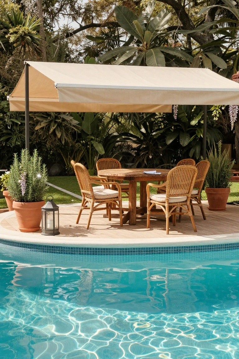 Pool Deck Dining Under a Simple Awning