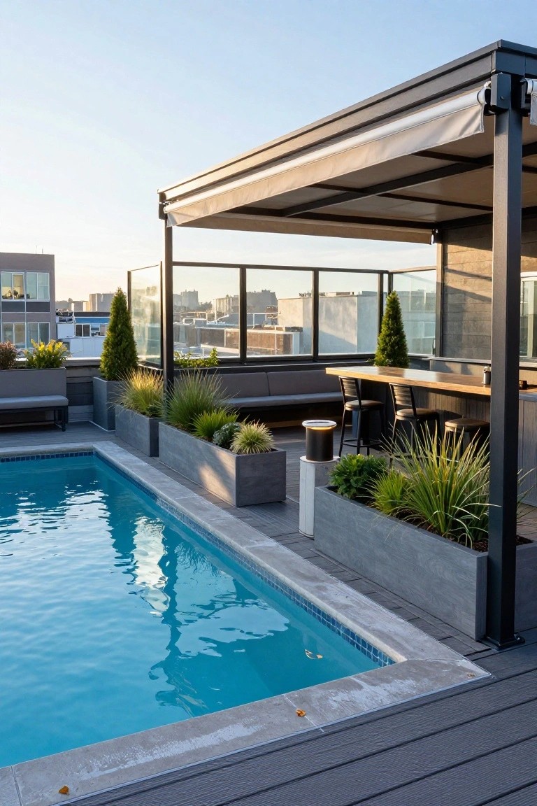 Rooftop pool deck with rectangular blue pool, adjacent gray composite decking, linear concrete planters with grasses and succulents, built-in gray lounge bench, wooden bar counter with black stools, shaded pergola, and glass railings overlooking city buildings.