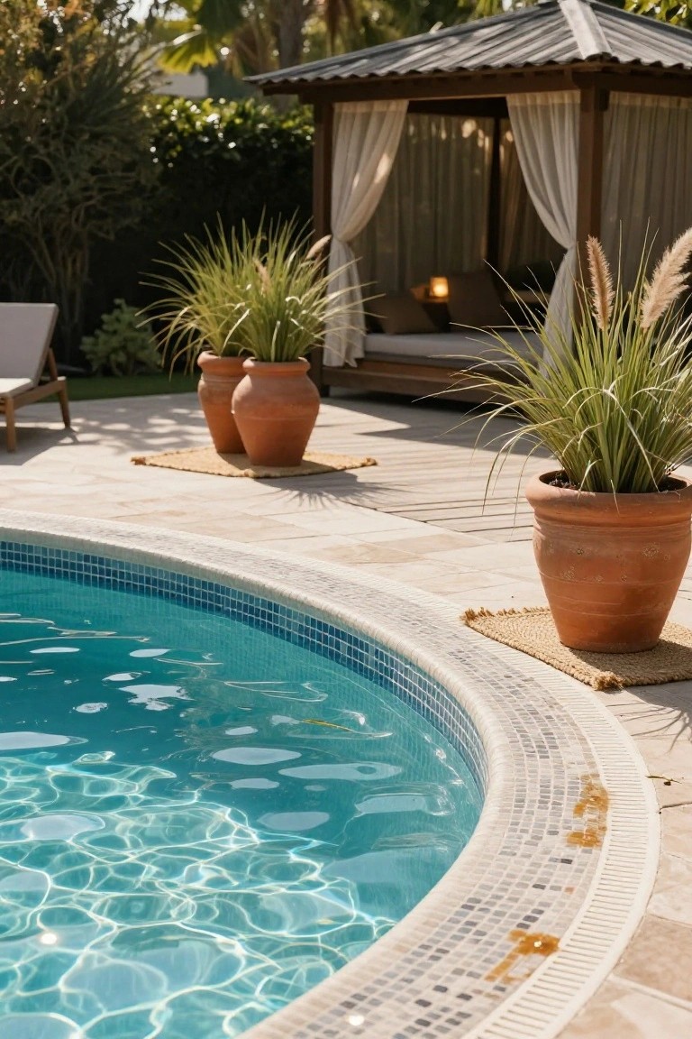 Curved turquoise pool edge with mosaic tile coping on a beige stone deck, flanked by large terracotta pots holding tall ornamental grasses, a draped cabana structure with lounge seating nearby, and tropical landscaping in the background.