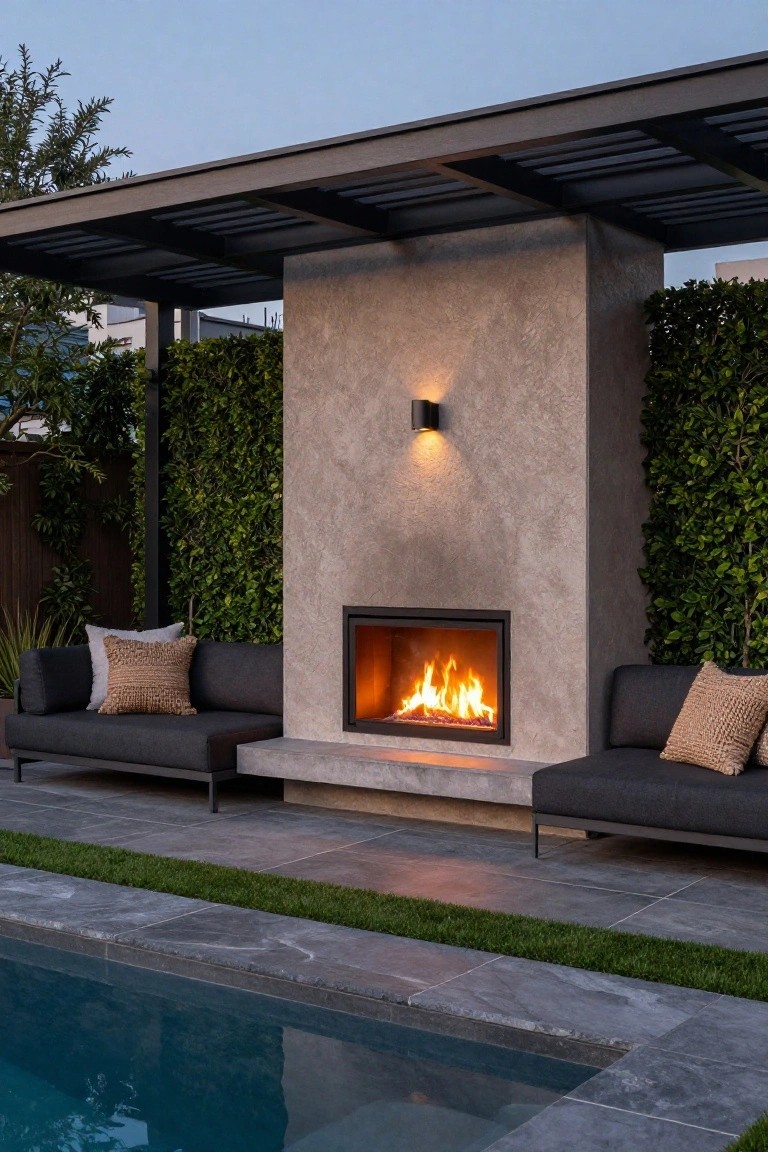 Outdoor linear fireplace in a beige stucco wall next to an infinity-edge pool, with black sofas and beige cushions on a dark tiled deck under a black metal pergola, surrounded by green hedges.