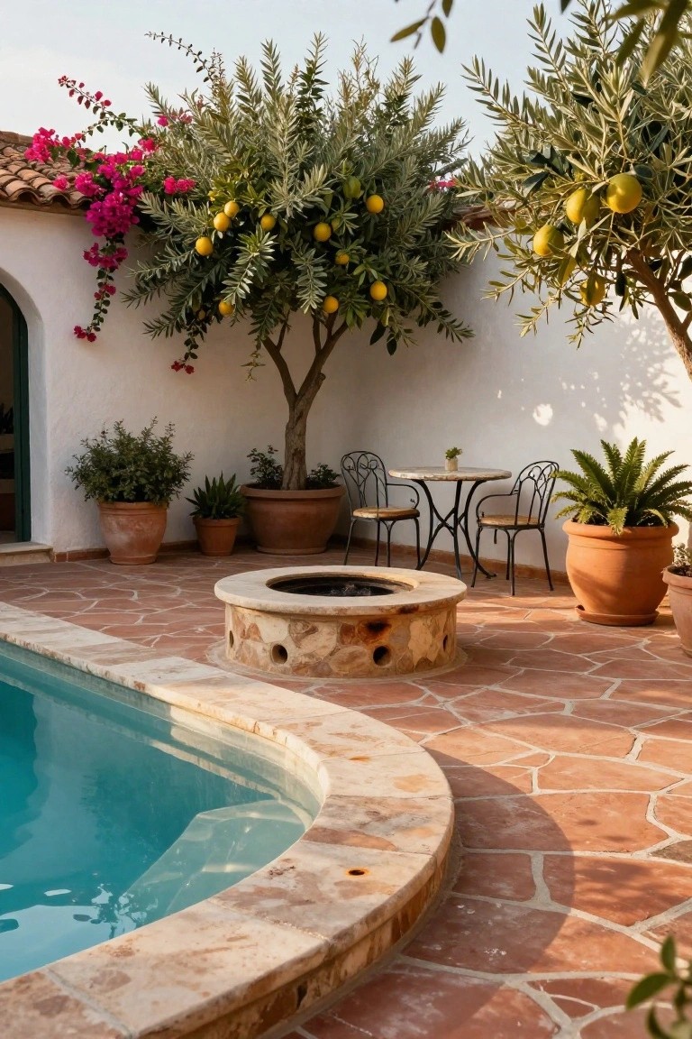 Curved turquoise pool with matching beige stone coping extending into terracotta-tiled patio with central stone fire pit, black metal chairs and table, potted plants, olive and lemon trees, and pink bougainvillea against white stucco wall and arched doorway.