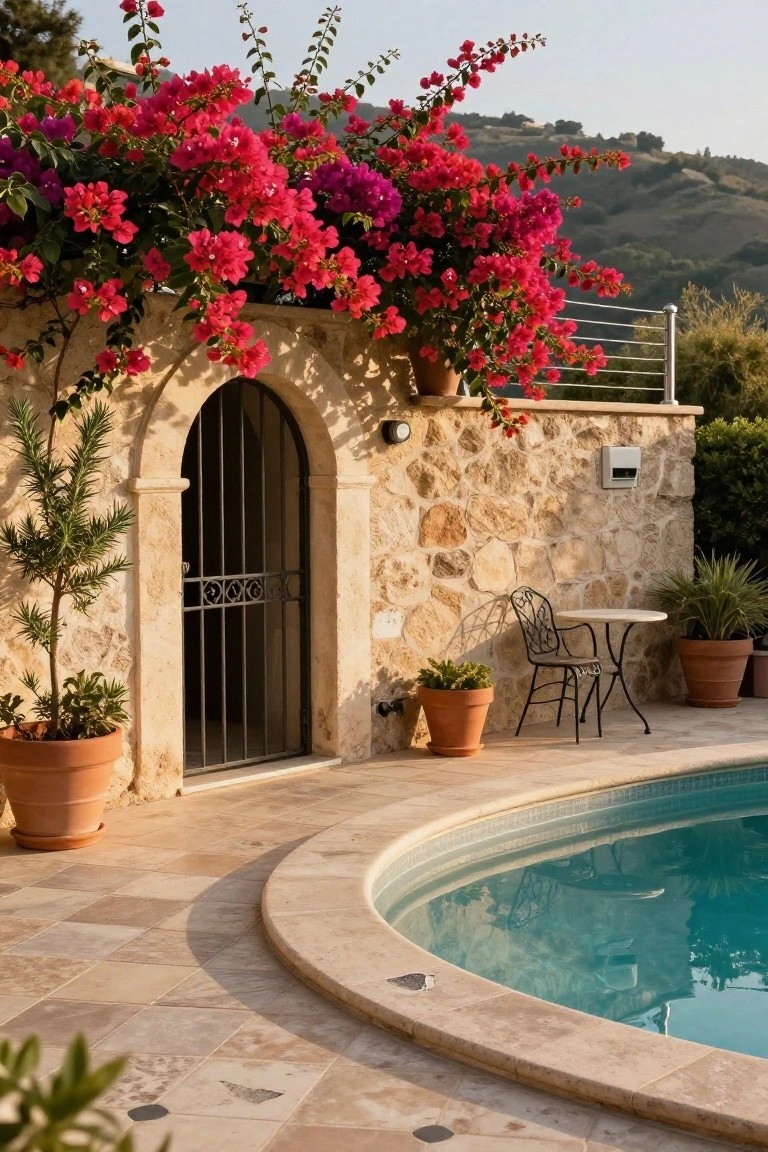 23 Secure Pool Deck Fence Ideas That Don’t Compromise Style Arched stone wall with black wrought-iron gate beside a turquoise pool edged in beige tiles, red bougainvillea vines overhead, potted plants, small metal table and chairs on tiled deck.