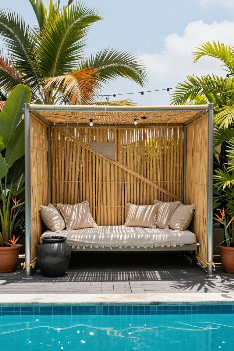 23 Secure Pool Deck Fence Ideas That Don’t Compromise Style Bamboo-paneled enclosure with cushioned daybed and side table next to a turquoise-tiled pool, surrounded by potted plants and palm trees on a gray deck.