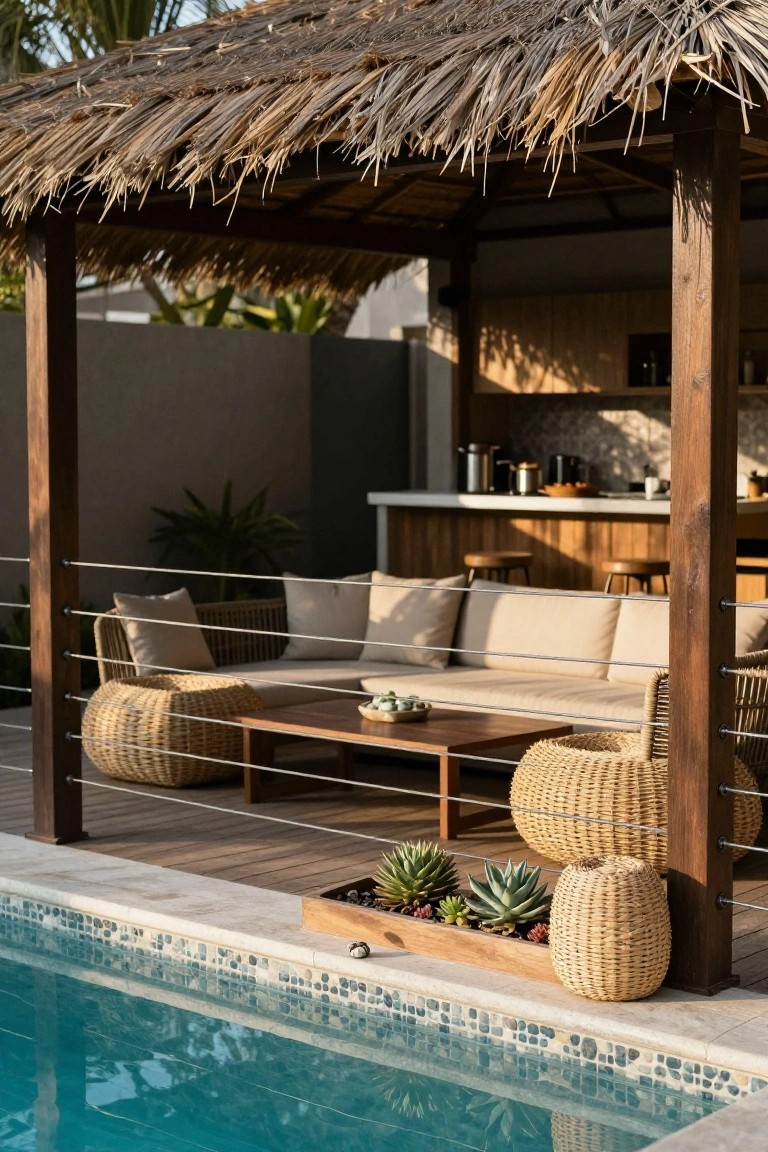 23 Secure Pool Deck Fence Ideas That Don’t Compromise Style Pool deck with thatched roof pergola, woven lounge chairs on a low table, bar area, potted plants, and thin cable railings along the edge of a turquoise-tiled pool.