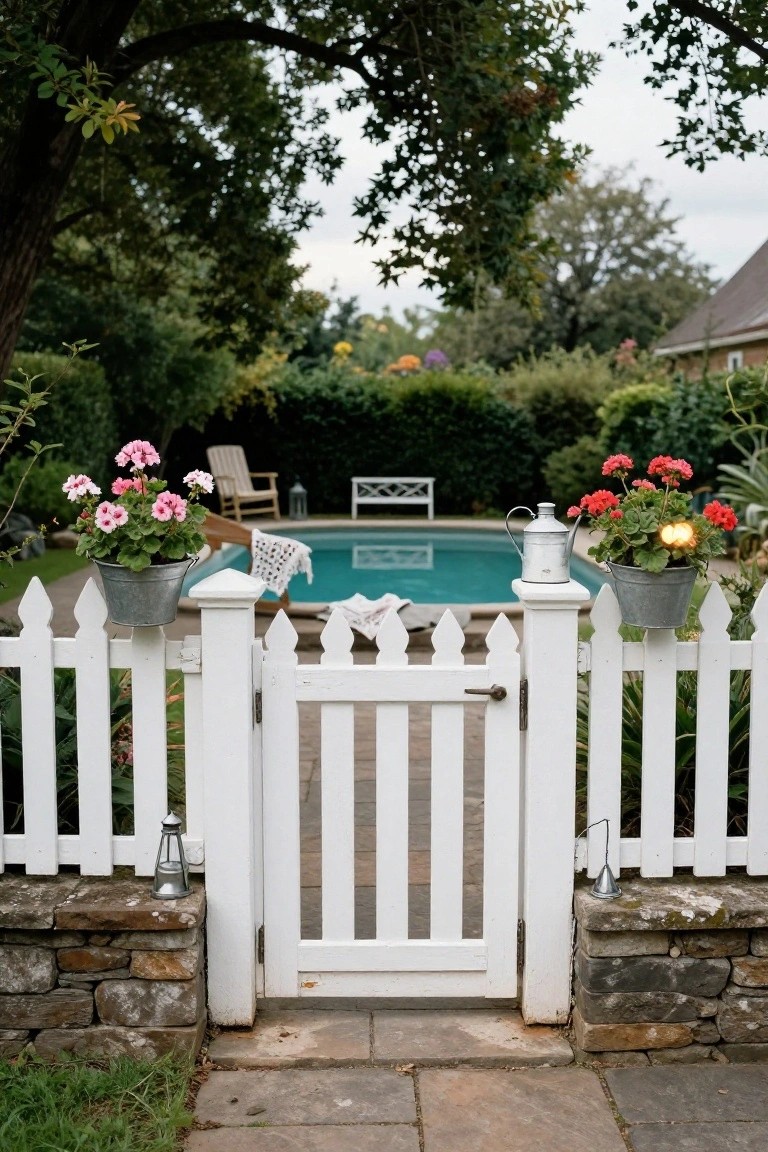23 Secure Pool Deck Fence Ideas That Don’t Compromise Style White picket fence gate with hanging metal buckets of pink geraniums and metal lanterns on stone walls, opening to a blue swimming pool in a lush green backyard.