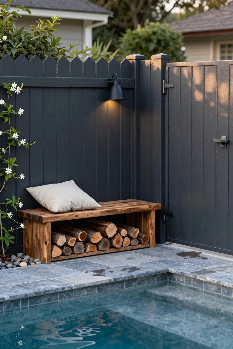 23 Secure Pool Deck Fence Ideas That Don’t Compromise Style Dark picket-topped wood fence with gate and wall light encloses a blue spa pool, wooden bench stacked with firewood sits against the fence, climbing white flowers on fence, pebble ground and plants nearby.
