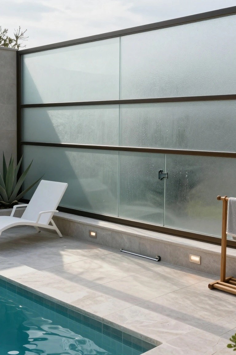 23 Secure Pool Deck Fence Ideas That Don’t Compromise Style Outdoor pool deck with tall frosted glass panels in dark metal frames as fencing, white lounge chair, agave plants, towel rack on wood stand, and turquoise pool water.