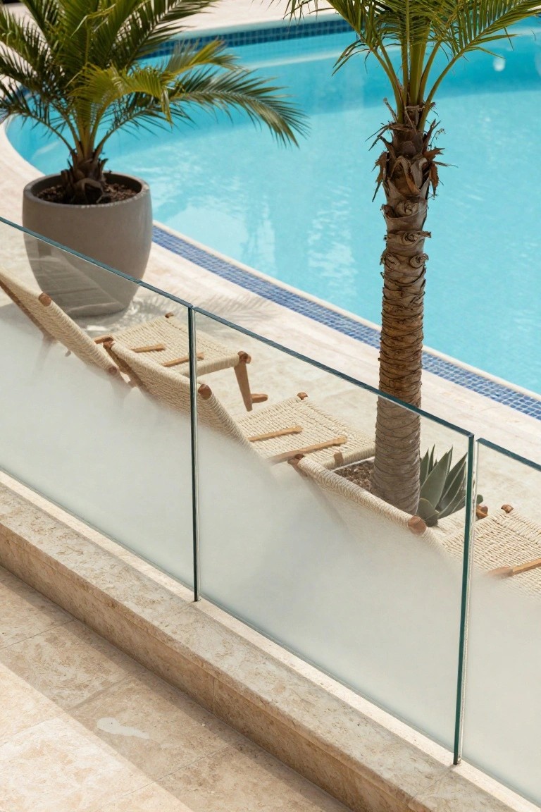 23 Secure Pool Deck Fence Ideas That Don’t Compromise Style Pool deck with frosted glass railings on a travertine base, rattan loungers, potted palms, agave plants, and a turquoise pool edged in blue tiles.