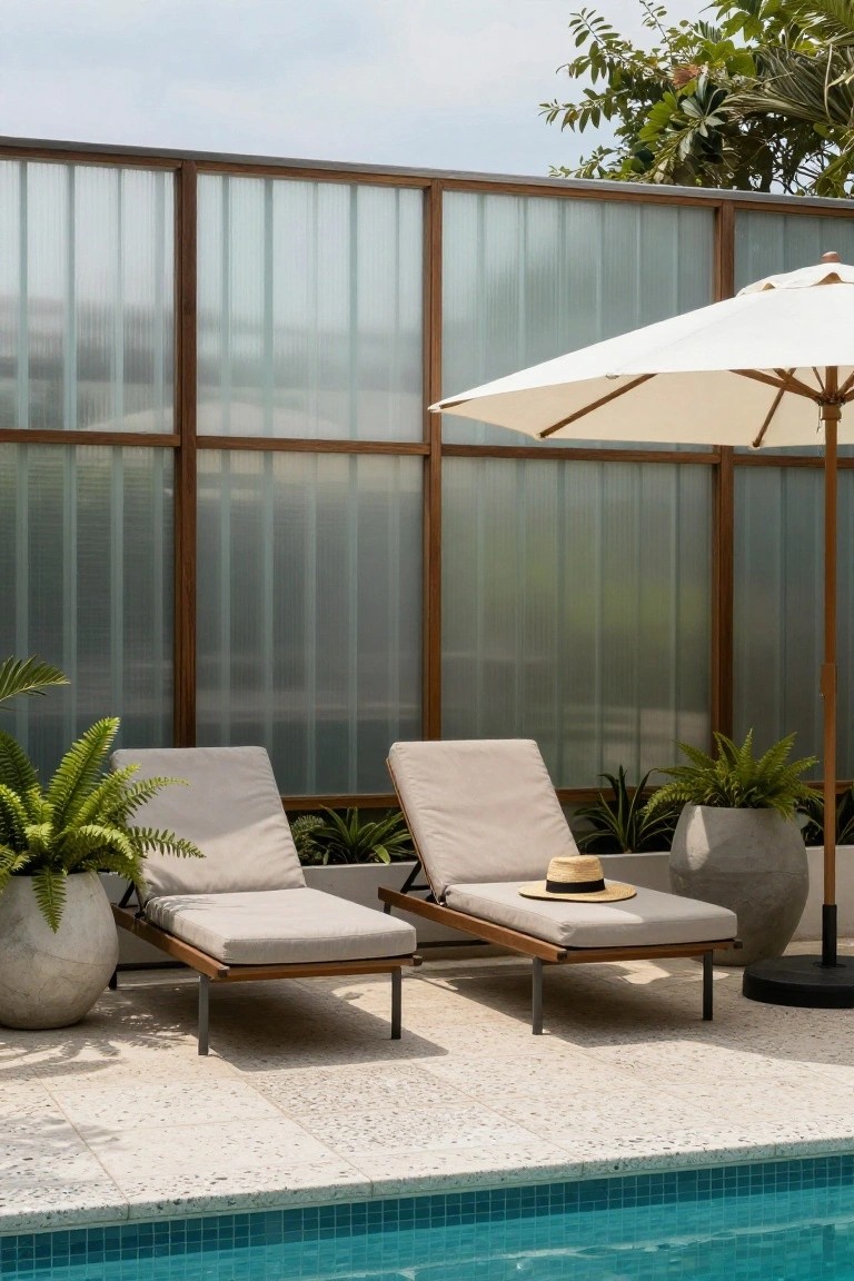 23 Secure Pool Deck Fence Ideas That Don’t Compromise Style Two beige cushioned loungers on a light pebble pool deck beside a turquoise-tiled pool, with potted ferns and agave plants, a white market umbrella, and a tall semi-transparent vertical-paneled fence in dark wooden frames in the background.