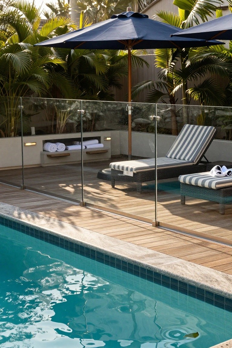 23 Secure Pool Deck Fence Ideas That Don’t Compromise Style Pool deck with frameless glass fencing along the edge, two striped lounge chairs with towels, blue umbrellas, and tropical plants beside a turquoise pool.