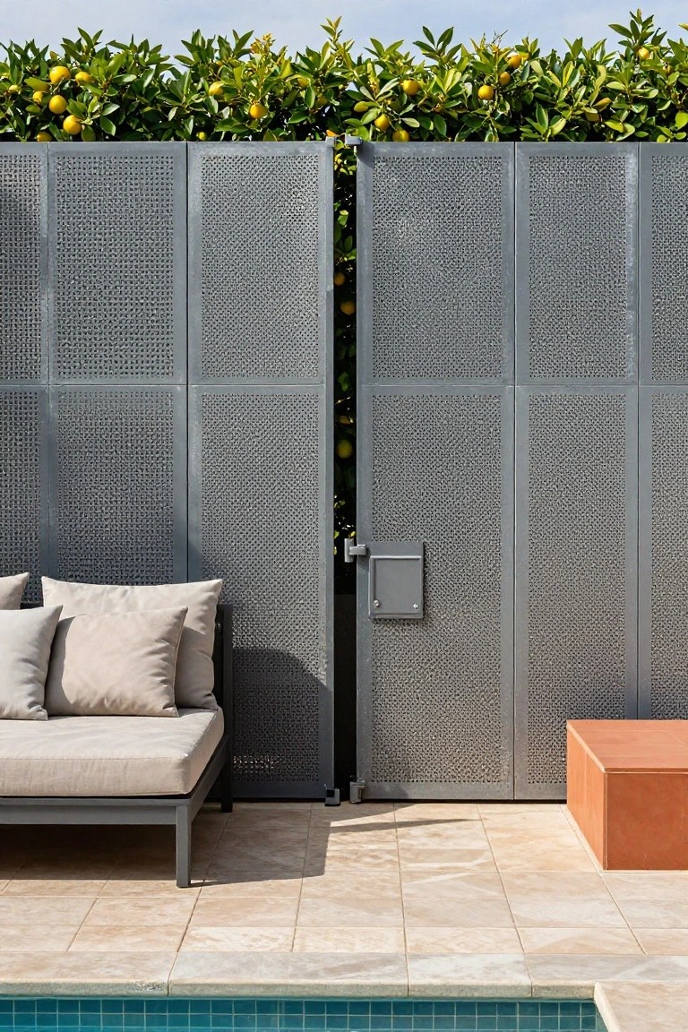 23 Secure Pool Deck Fence Ideas That Don’t Compromise Style Gray perforated metal double gate with a latch lock beside a beige outdoor sofa and red cube stool on a travertine-tiled pool deck edged with blue pool water and topped by lemon trees.