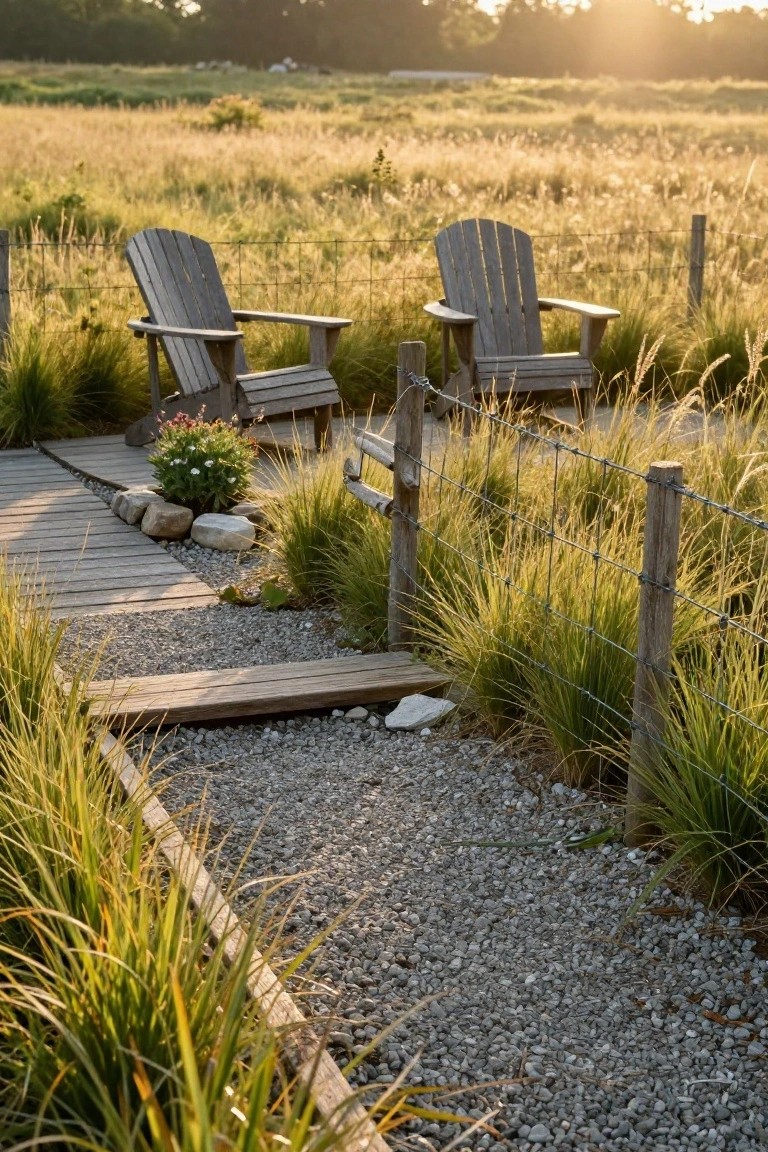 23 Secure Pool Deck Fence Ideas That Don’t Compromise Style Two wooden Adirondack chairs positioned on a wooden boardwalk path surrounded by tall ornamental grasses, with a wire mesh fence on wooden posts enclosing the area, gravel edging, rocks, and potted flowers nearby.