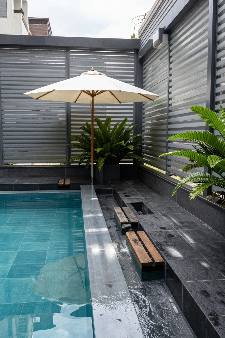 23 Secure Pool Deck Fence Ideas That Don’t Compromise Style Gray slatted metal screens enclosing a turquoise pool on a black tile deck with wooden benches, potted ferns, and a white umbrella nearby.