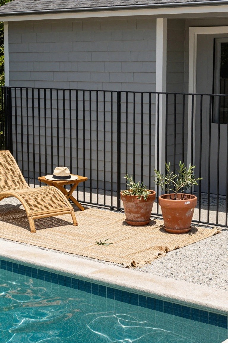 23 Secure Pool Deck Fence Ideas That Don’t Compromise Style Pool deck with black vertical metal safety fence, empty curved rattan lounge chair and folding side table with straw hat, two terracotta pots containing olive plants, seagrass rug, and turquoise pool water visible beyond.