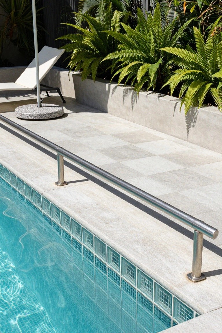 23 Secure Pool Deck Fence Ideas That Don’t Compromise Style Close-up of a pool deck edge with light gray porcelain tiles, stainless steel handrail supported by posts, blue pool water lined with glass block tiles, lush green ferns and plants nearby, and a white lounge chair under an umbrella.