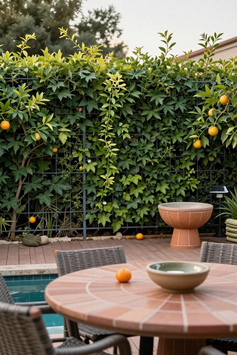 23 Secure Pool Deck Fence Ideas That Don’t Compromise Style Pool deck with round terracotta table, wicker chairs, green bowl, and orange on table, bordered by metal grid fence overgrown with green vines and orange trees, adjacent to swimming pool.