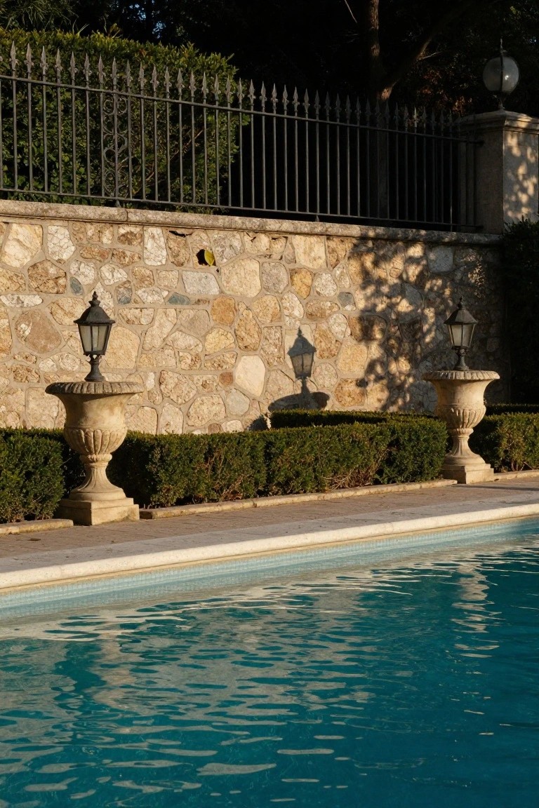 23 Secure Pool Deck Fence Ideas That Don’t Compromise Style Blue swimming pool beside a tiled deck with a raised stone retaining wall topped by black wrought iron fence, stone lanterns on the wall, and matching urn planters with boxwood hedges.