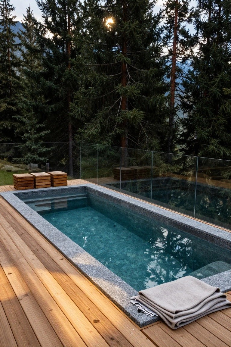 Small rectangular plunge pool with gray pebble finish embedded in a wooden deck surrounded by glass railings, wooden stools, folded gray towels, evergreen trees, and distant mountains.
