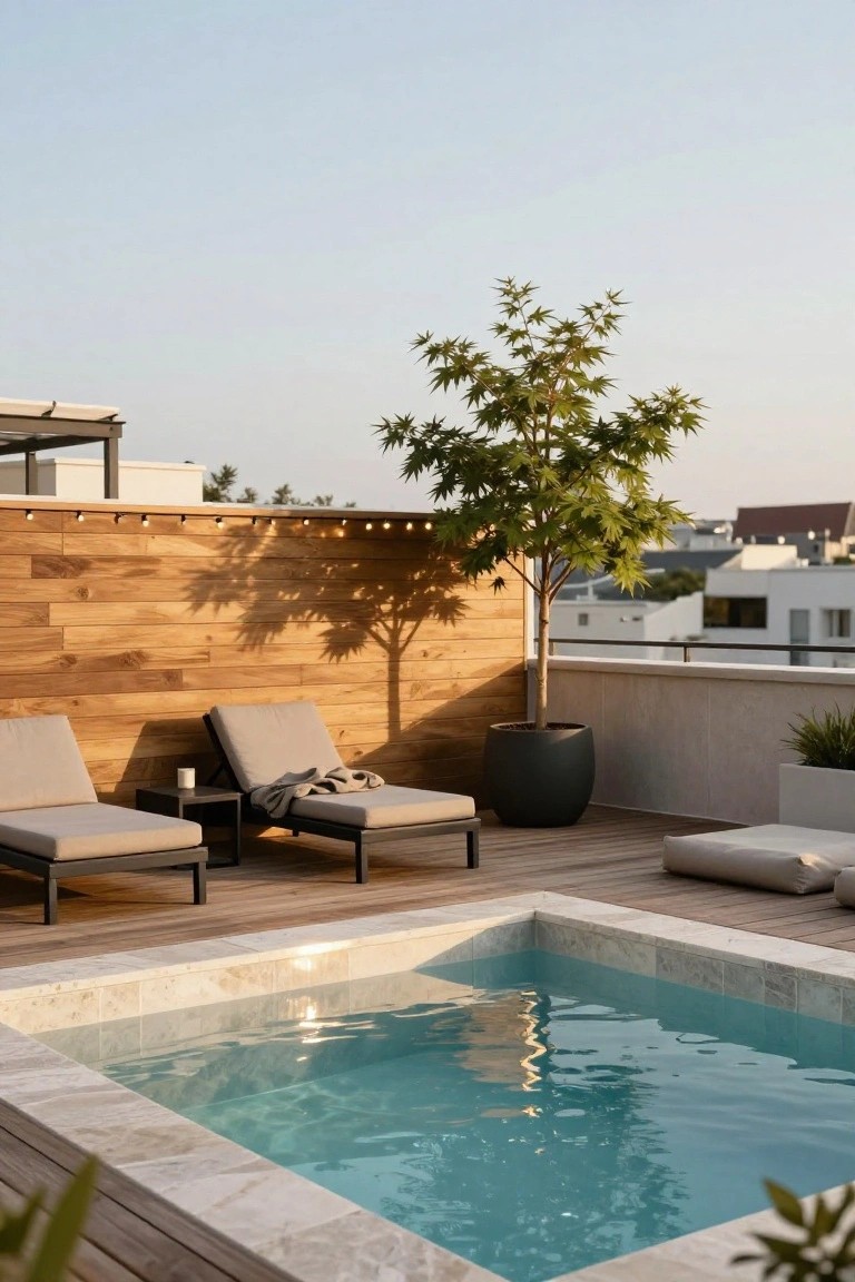 Rooftop deck with small rectangular turquoise pool, two gray lounge chairs on wooden flooring beside a tall wooden privacy fence, black potted tree, and string lights.