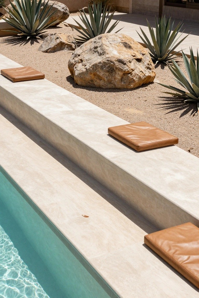 Light beige stone steps run along the edge of a turquoise pool, with tan leather cushions placed on the steps, surrounded by agave plants, rocks, and gravel in a desert landscape.