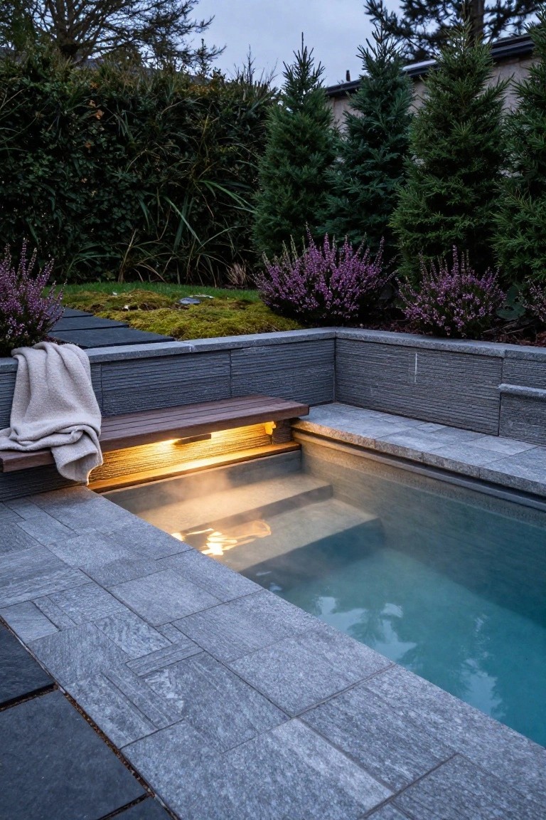 Small turquoise hot tub with rising steam, adjacent wooden bench seat on gray stone decking with integrated warm lighting underneath, towel draped on bench, surrounded by hedges and purple shrubs