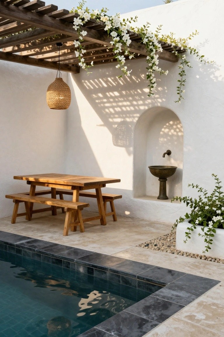 Outdoor pool deck featuring a wooden rectangular table with benches under a vine-covered wooden pergola, adjacent to a small dark-tiled pool, with white stucco walls, a stone fountain niche, and potted plants.