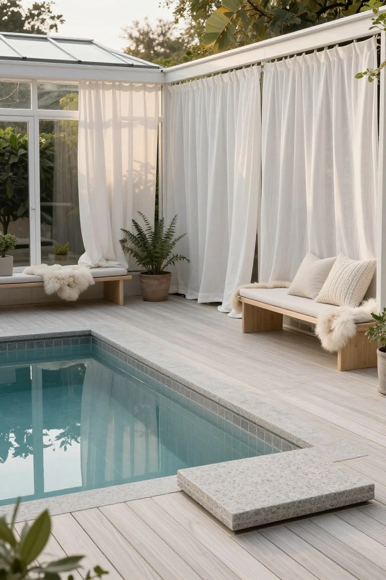 Light wood deck beside a small rectangular turquoise-tiled pool, with a low wooden bench topped by sheepskin throws and cream pillows, white sheer curtains hanging from a frame, potted plants, and a glass sunroom structure nearby.