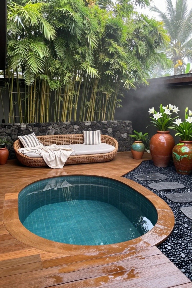 Oval turquoise-tiled plunge pool embedded in a wooden deck surrounded by bamboo plants, lava rock walls, a curved rattan sofa with cushions and throw, and large terracotta pots.