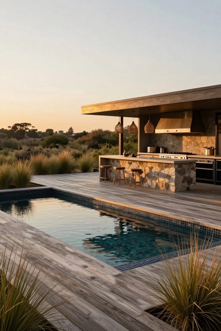 Wooden deck surrounding a rectangular in-ground pool with a stone-clad outdoor kitchen island featuring bar stools, cooktop, and pendant lights, native grasses nearby at sunset.