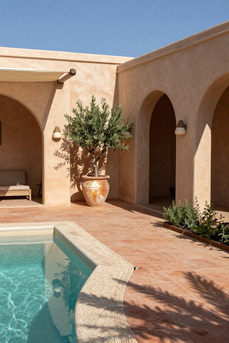 Curved turquoise pool with white pebble coping on a terracotta tiled deck, next to beige stucco walls with arches, a large olive tree in terracotta pot, lounge chair, and wall lights.
