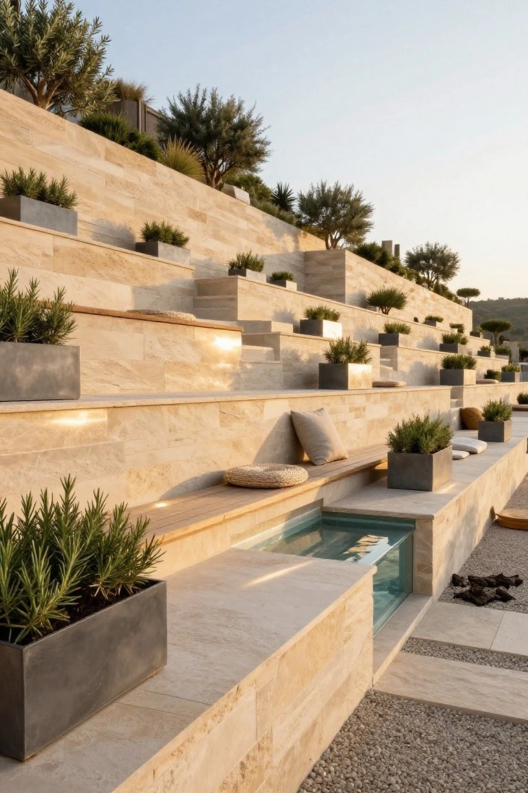 Multi-tiered beige stone terrace with integrated metal planters containing rosemary plants, wooden benches with beige cushions and woven mats, small rectangular pool with glass edge, gravel path, and olive trees on a hillside at sunset.