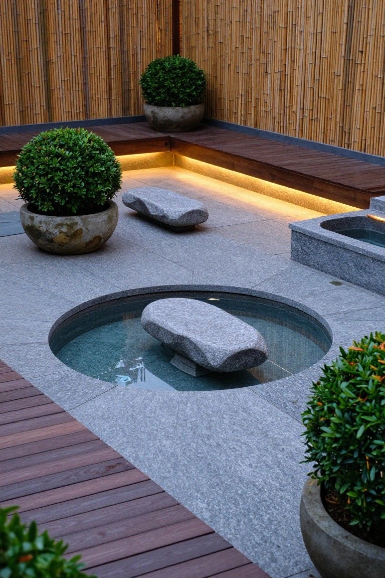 Circular granite pool with a large flat stone bench protruding from the center water surface, surrounded by potted boxwood shrubs, bamboo fencing, wooden decking, and additional stone elements in an outdoor Zen garden setting.