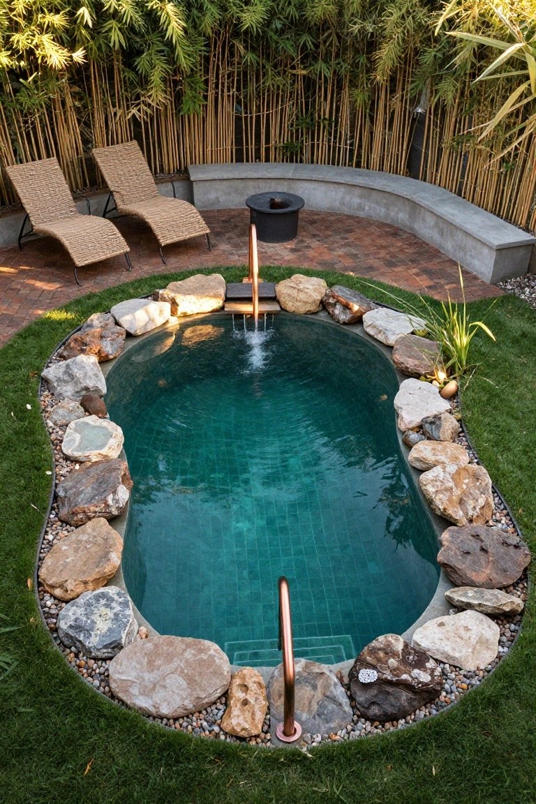 Oval turquoise-tiled infinity pool edged with large natural boulders and pebbles, surrounded by grass, with bamboo fencing, rattan loungers, a concrete bench, and a black cylindrical feature nearby.
