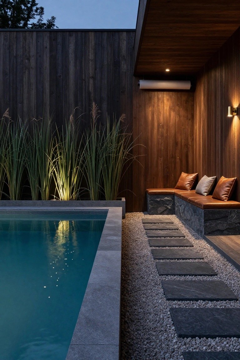 Infinity-edge pool with turquoise water next to a gravel area featuring black stone stepping stones leading to an L-shaped bench with beige and brown cushions, backed by wooden walls and lit tall grasses.