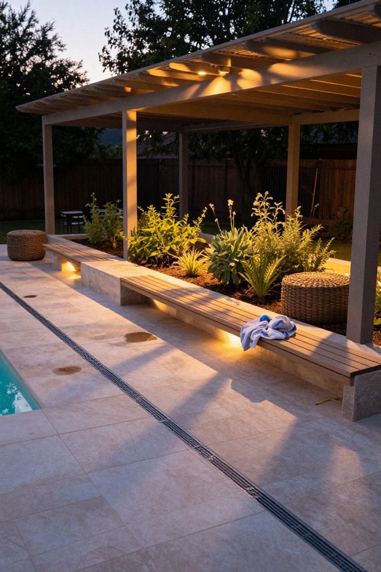 Zero-edge swimming pool with built-in wooden benches on a raised stone platform along the edge, adjacent to planted beds with agave plants, wicker stools, and low lighting under a pergola structure at dusk.