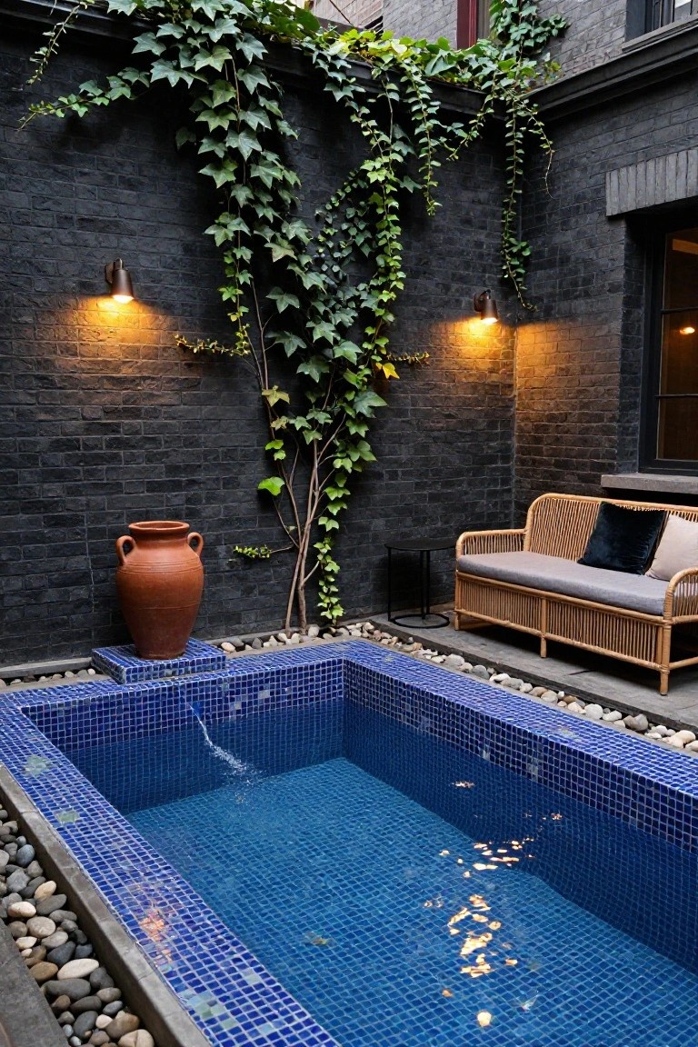 Small rectangular blue mosaic-tiled pool with flowing water in a black brick courtyard, ivy on walls, terracotta pot on a pedestal, rattan sofa with cushions, wall-mounted lights, and pebble surroundings.