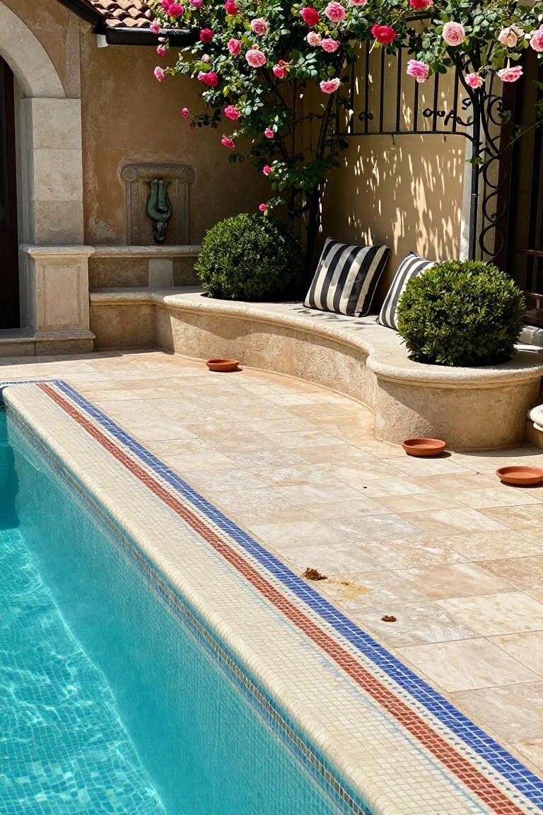 Turquoise zero-edge pool with red, white, and blue tile border on travertine deck, curved stone bench with black-and-white cushions and boxwood plants, climbing pink roses on wrought-iron trellis against beige stucco wall, terracotta saucers on patio.