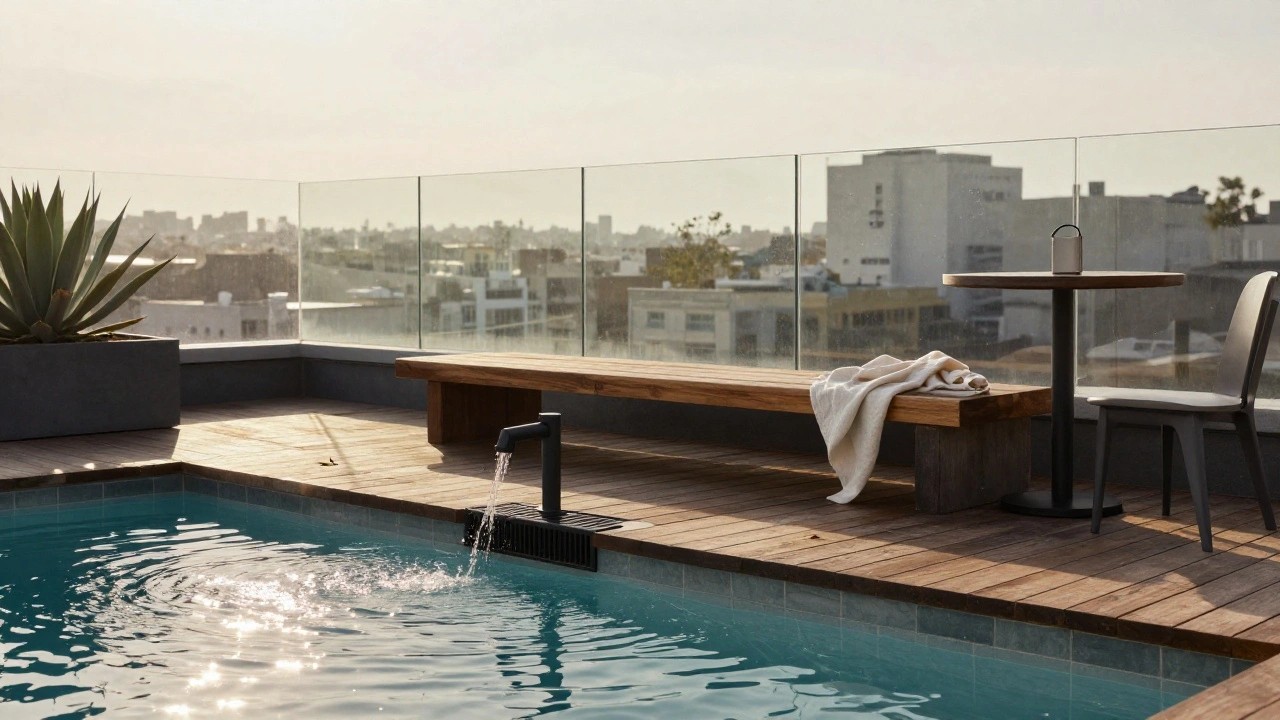Rooftop infinity-edge pool with water spilling from black metal spout into turquoise tiled water, wooden deck platform, lounge chair with beige towel, potted agave plant, and glass balcony railing overlooking hazy cityscape.