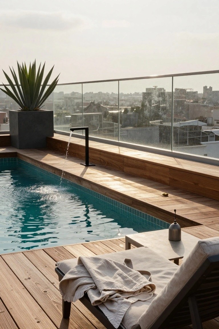 Rooftop infinity-edge pool with water spilling from black metal spout into turquoise tiled water, wooden deck platform, lounge chair with beige towel, potted agave plant, and glass balcony railing overlooking hazy cityscape.