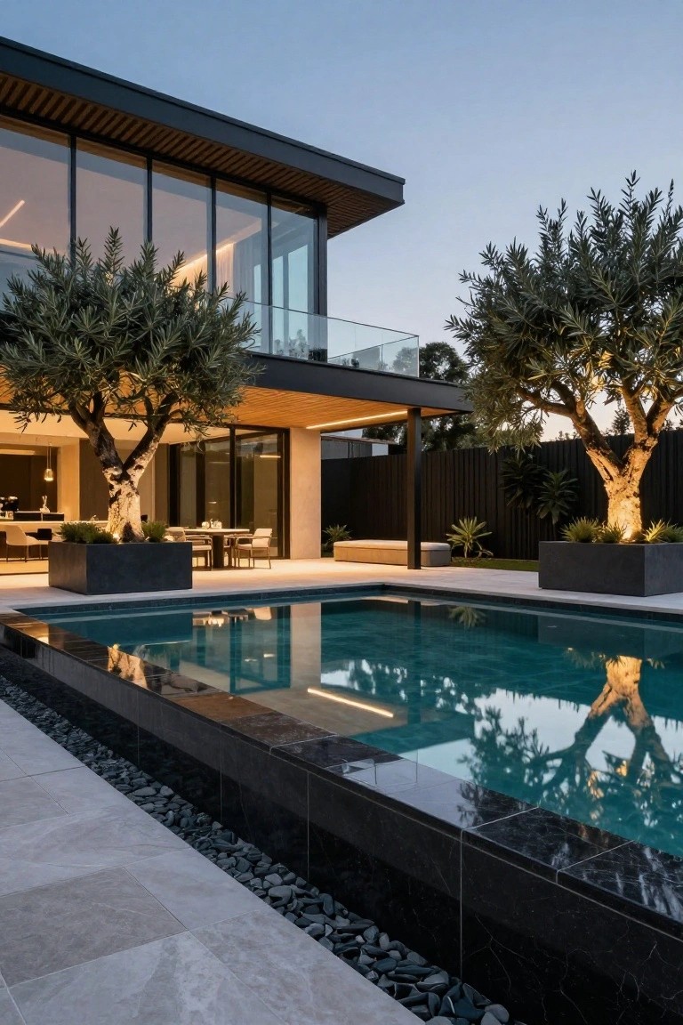 Modern house exterior at dusk with large glass walls, infinity pool featuring black marble edging, olive trees, outdoor dining table, and stone deck.