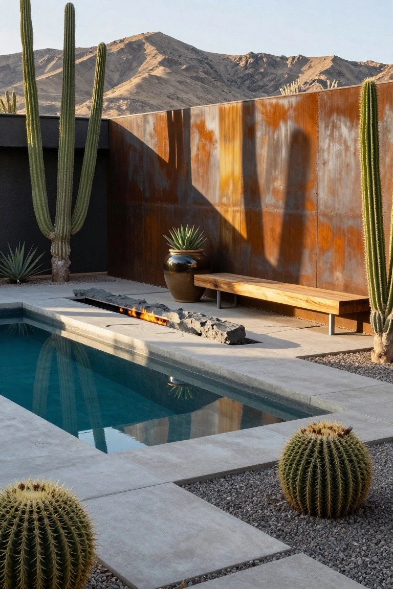 Narrow infinity-edge pool with a linear gas fire pit along one edge, flanked by a wooden bench, agave plants in pots, tall cacti, barrel cacti, and a rusted metal wall with mountains in the background.