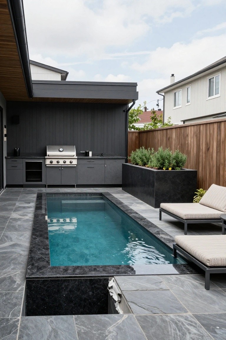 Narrow lap pool with black stone edging and dark slate tile surround, matte black outdoor kitchen with stainless grill, large black planter box with herbs, two beige lounge chairs, wooden privacy fence, and modern house exterior in backyard.