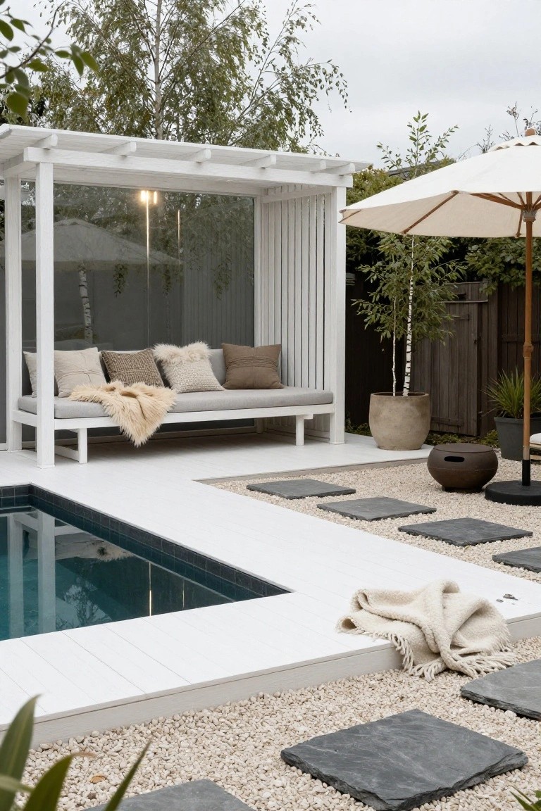 White slatted pergola with glass panels enclosing a cushioned bench next to a dark-tiled zero-edge swimming pool, with gravel ground cover, stepping stones, and potted plants nearby.