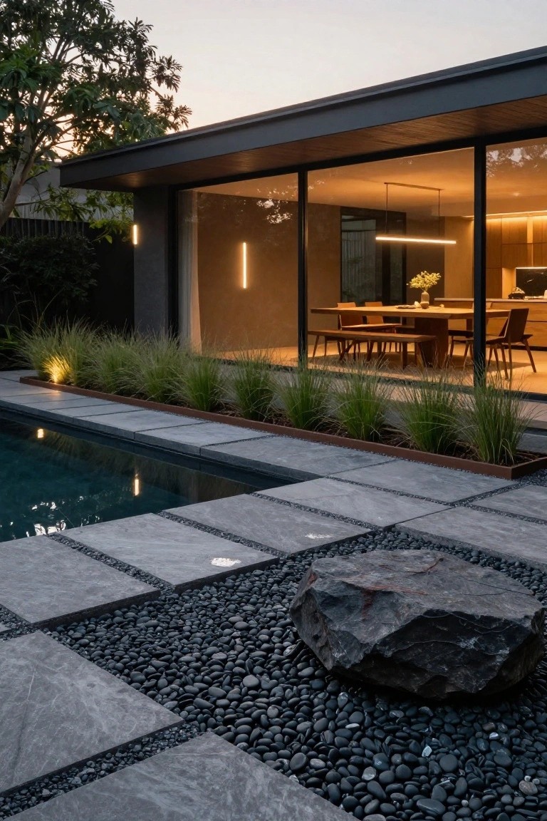 Modern house with floor-to-ceiling glass walls and lit interior dining area adjacent to an infinity-edge pool, decked in gray rectangular pavers interspersed with black pebbles and edged by metal planters of tall grasses, featuring a large boulder in the pebble section.