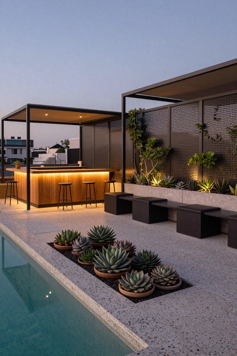 Modern rooftop terrace with infinity-edge turquoise pool next to a backlit wooden bar counter, four black stools, cube seats, potted succulents in terracotta pots, metal pergola structure with screens and greenery, at dusk.
