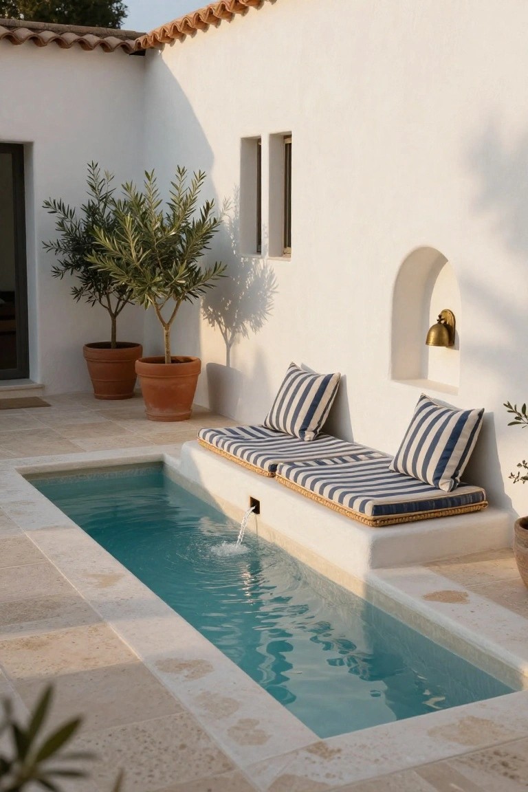 Narrow rectangular zero-edge pool in a white stucco courtyard with built-in benches topped by blue-and-white striped cushions, flanked by two potted olive trees in terracotta pots on beige stone flooring.