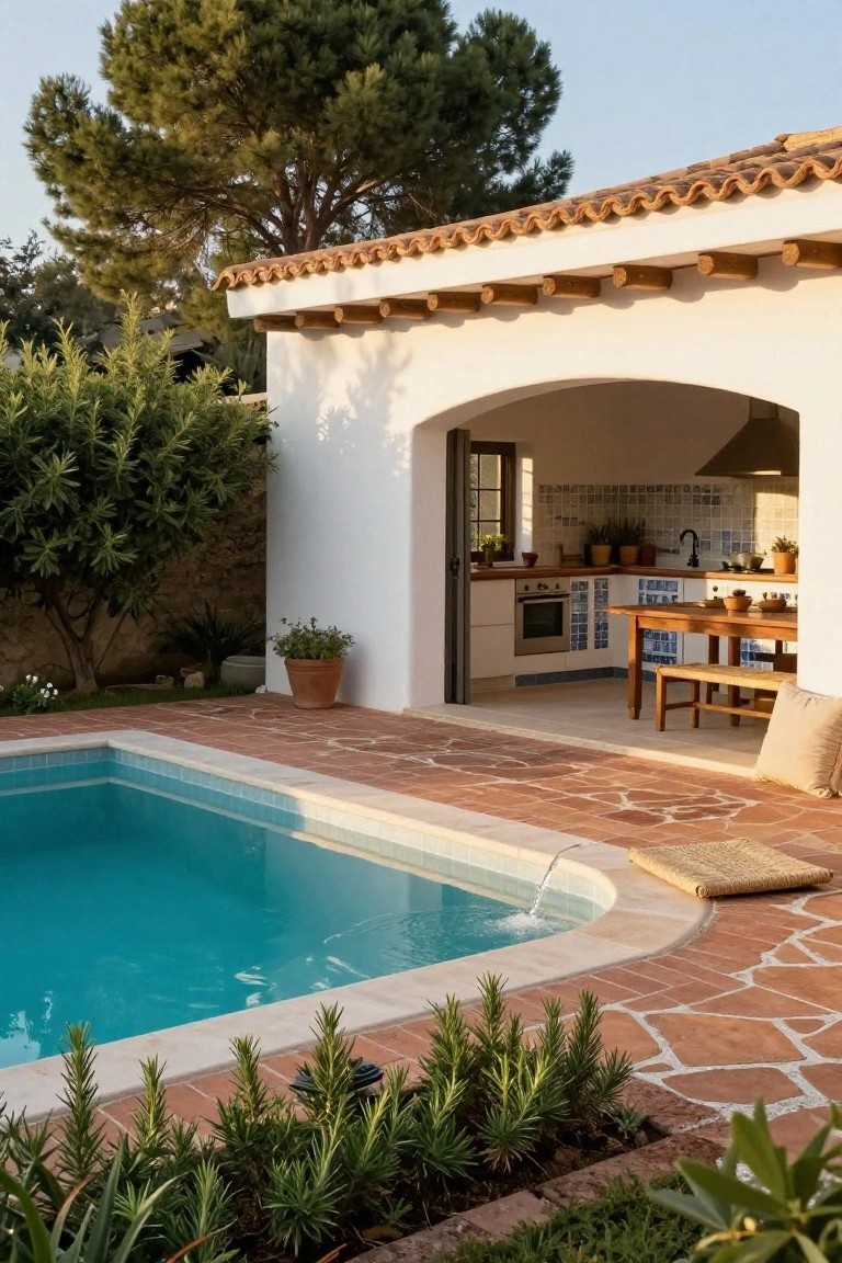 Outdoor kitchen with blue tiled backsplash and wooden table in a white arched alcove of a stucco house, adjacent to a turquoise pool on terracotta tile deck surrounded by greenery and pine trees.