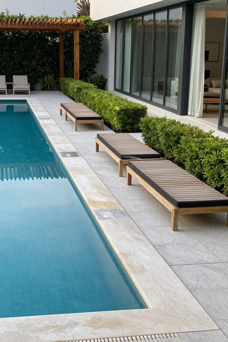Rectangular turquoise pool with light travertine coping flush to the gray stone deck, wooden loungers positioned alongside, low green boxwood hedges, and a modern white house with large glass windows in the background.