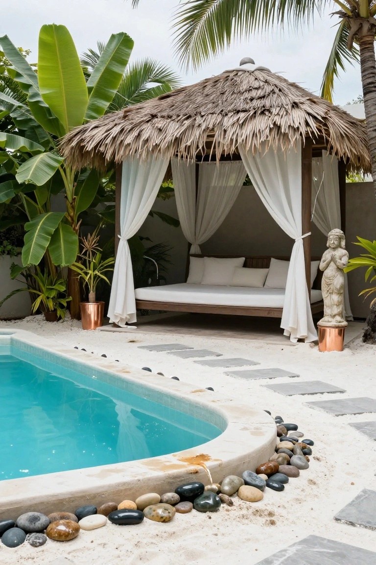 Turquoise zero-edge infinity pool with pebble border and stone path, next to a thatched pavilion enclosing a white daybed with pillows, surrounded by tropical plants, copper pots, and a stone Buddha statue.