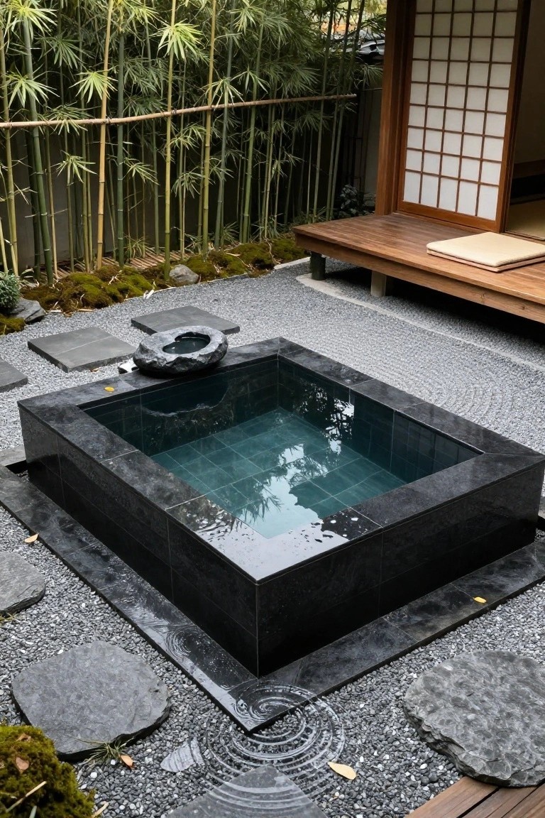 Square black stone plunge pool with teal water flush to surrounding gray gravel garden, bamboo fence, mossy rocks, stone basin, stepping stones, and nearby wooden deck with shoji screen.